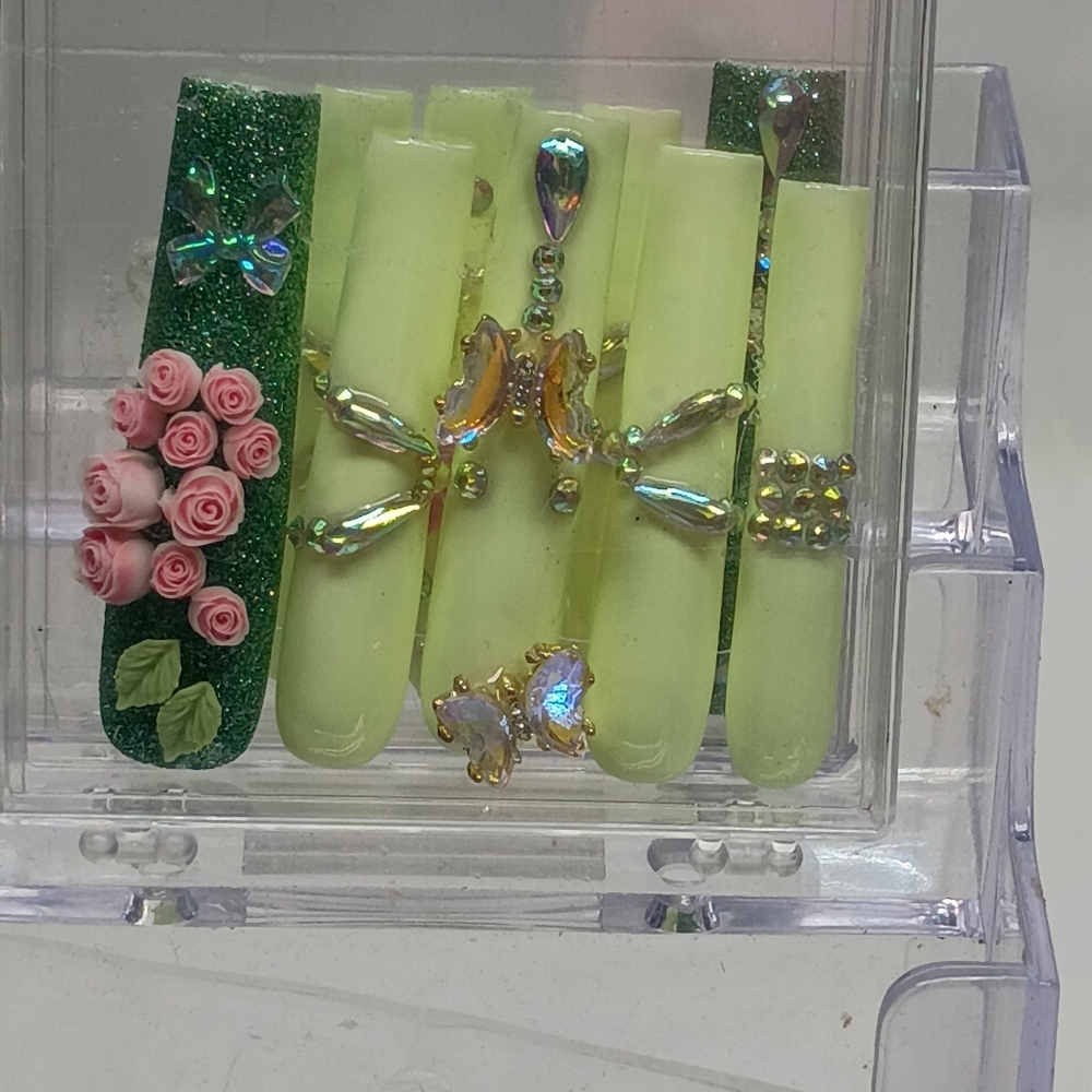 Green and Yellow Embellished Press-On Nails